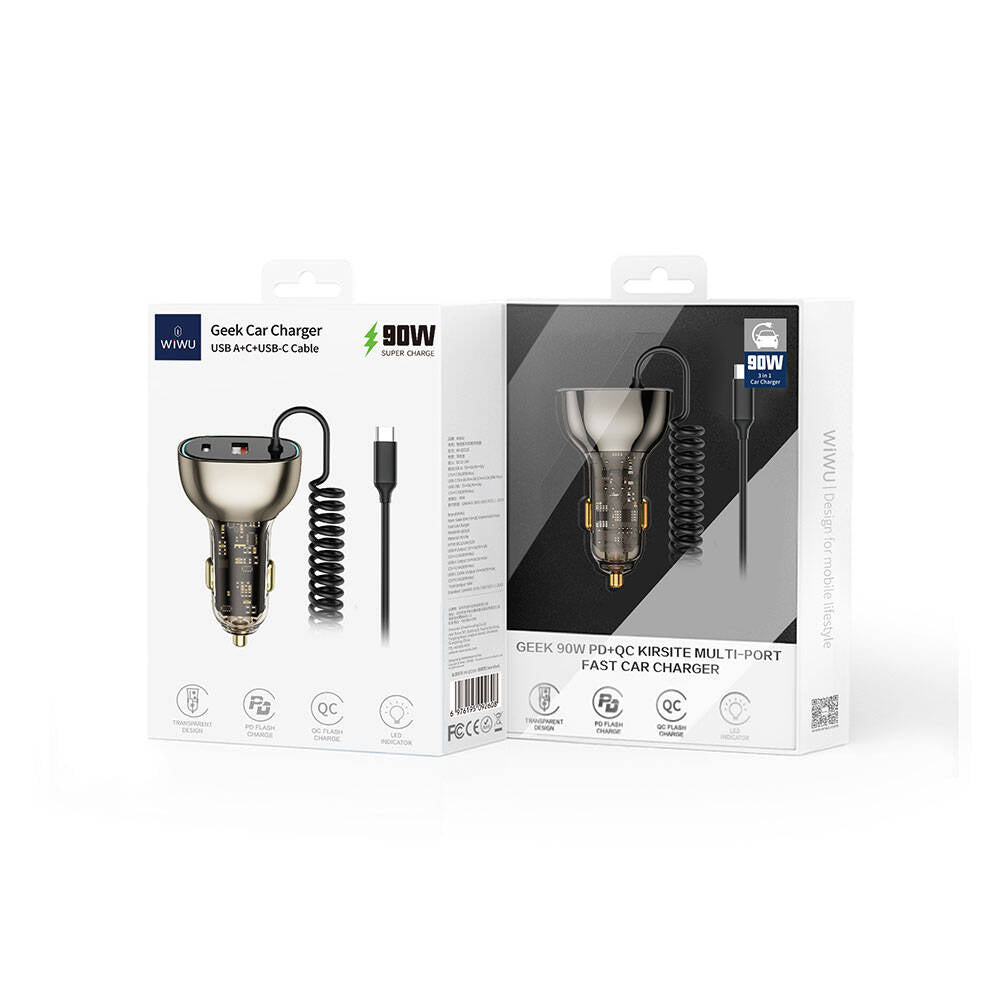 Wiwu Wi-QC016 Geek Serisi Type-C + Type-C Kablolu + USB-A Hızlı Şarj Özellikli Transparan Tasarımlı Araç Şarj Aleti 90W Wiwu Wi-QC016 Geek Serisi Type-C + Type-C Kablolu + USB-A Hızlı Şarj Özellikli Transparan Tasarımlı Araç Şarj Aleti 90W